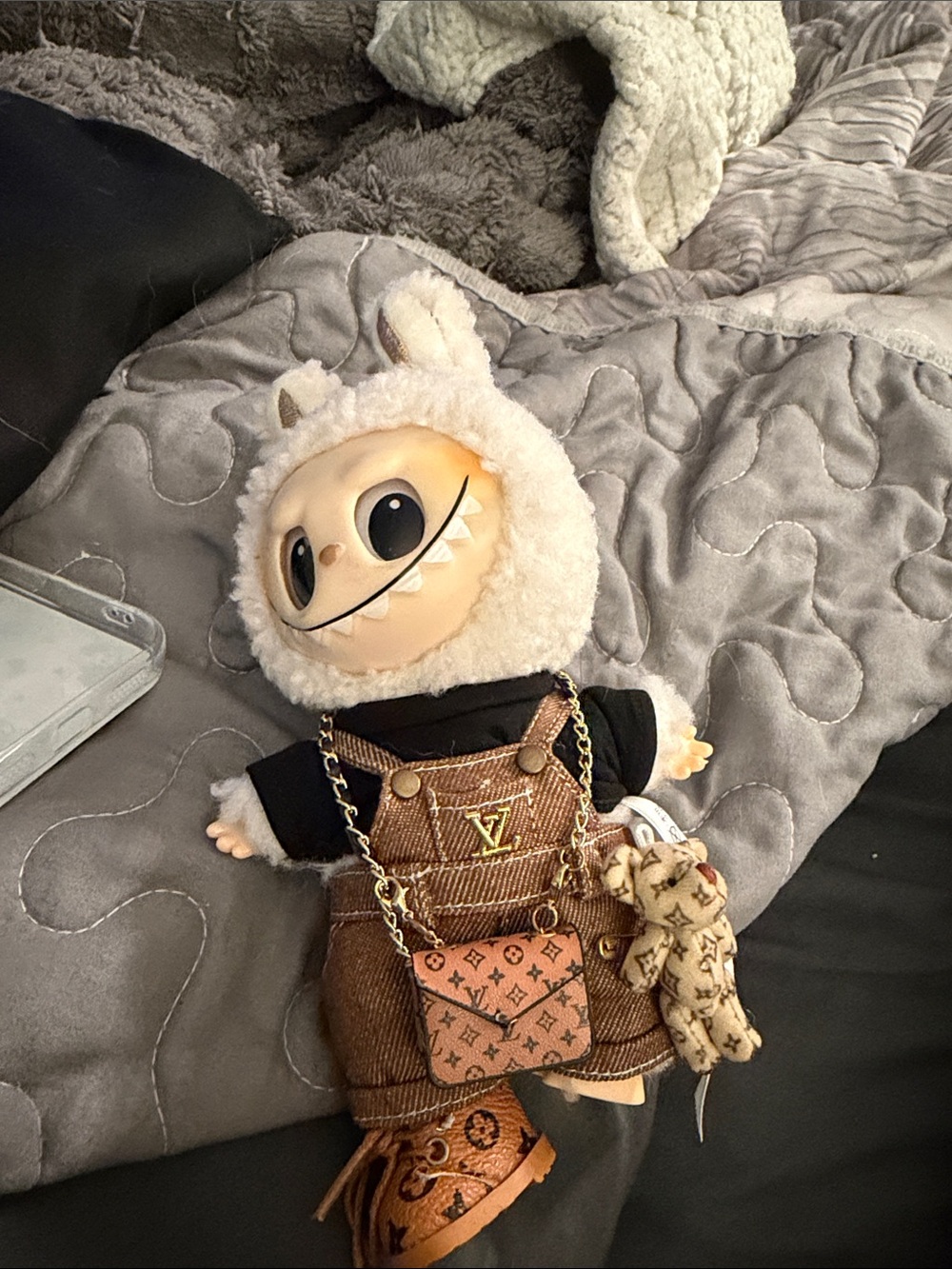 Plush Doll in Cream Fuzzy Hood with Brown Overalls